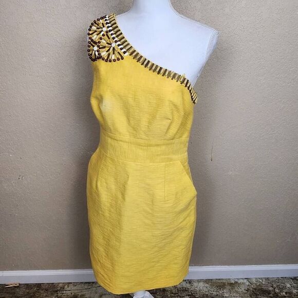 Trina Turk Yellow Cotton One Shoulder Beaded Sheath Dress Size 8 (4720) - Picture 1 of 8